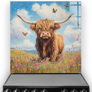 Highland cow in wildflowers with butterflies in art splashback