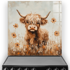 Highland cow with wildflowers splashback art in earthy tones