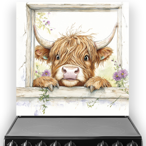 Highland cow peeking through a window splashback with flowers in soft colours.