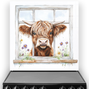 Highland Cows looking through window with wildflowers splashback art