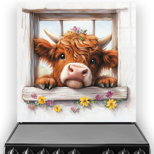 Highland cow looking through window with flowers in vibrant art style splashback.