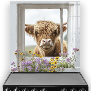 Highland cow looking through window with wildflowers.