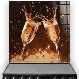 Art of clinking Champagne Flutes with golden splash. Featured on a rich dark brown background