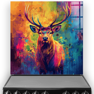 Colourful digital art stag splashback with abstract rainbow background
