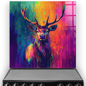 Colourful artistic stag printed kitchen splashback with vibrant neon background