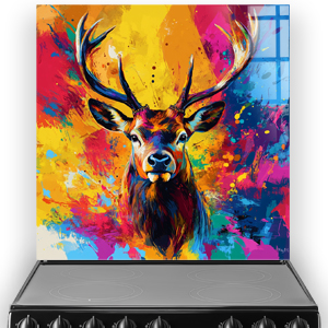 Colourful abstract stag splashback with vibrant paint splash design