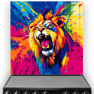 Colourful roaring lion splashback with bold abstract paint splashes in orange, pink, blue and yellow