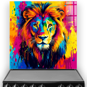 Vibrant multi-coloured lion splashback with bold brushstroke art style