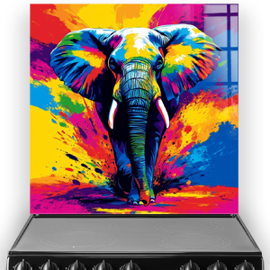 Bright colourful elephant printed splashback with abstract paint splatter design