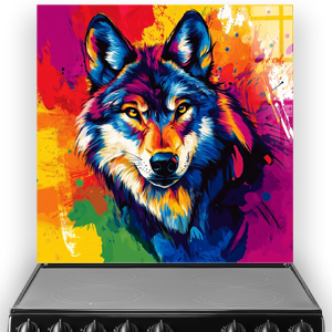 Colourful pop-art style wolf splashback in vivid rainbow colours