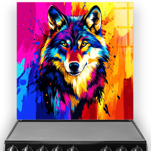 Colourful pop art style wolf splashback featuring vibrant blue, red, yellow, pink and orange tones