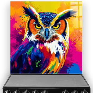 Colourful abstract owl splashback featuring vivid paint splashes