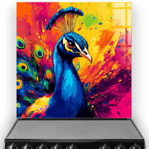 Colourful peacock printed splashback with abstract art style