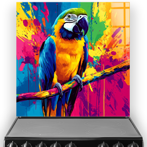 Colourful modern parrot printed kitchen splashback with pop art and vibrant paint splashes.