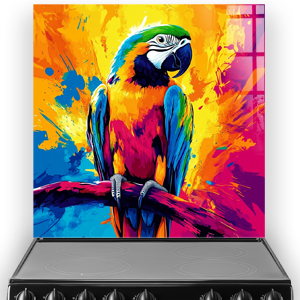 Colourful digital art parrot splashback with vibrant splashes and pop art style