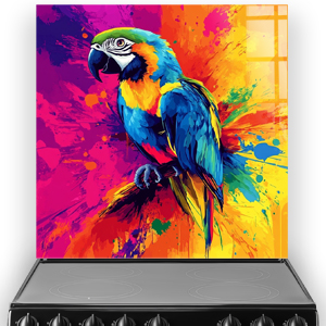 Colourful parrot printed kitchen splashback with vibrant paint splash background