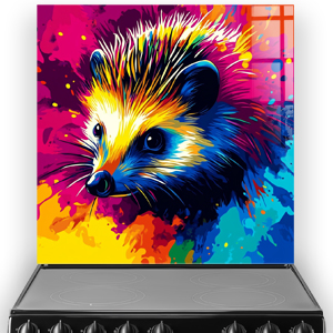 Vibrant colourful hedgehog printed on toughened glass splashback with abstract pop art style