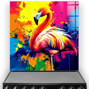 Colourful flamingo splashback with abstract paint splashes