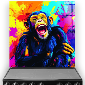 Colourful pop art chimpanzee splashback with vibrant blue, yellow, orange, pink, and purple splashes