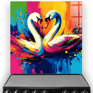 Colourful swans printed splashback with abstract vibrant background