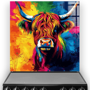 Colourful Bonnie the Bold Coow printed splashback in bold multicolour pop art style