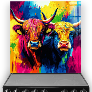 Colourful Highland Cows printed splashback featuring bold abstract art style