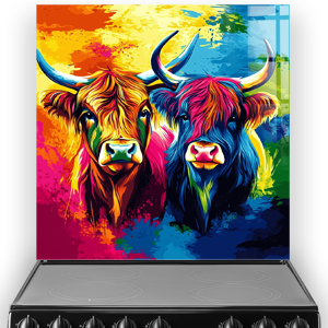 Colourful Highland Cows printed on toughened glass splashback in modern vibrant art style