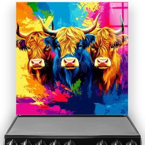 Colourful Highland Cows printed kitchen splashback with vibrant pop art style