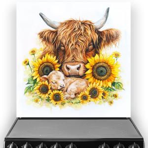 Highland cow and calf with sunflowers printed kitchen splashback