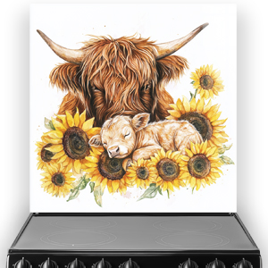 Watercolour Highland cows splashback with sunflowers and sleeping calf