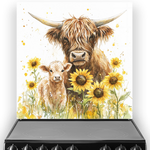 Highland Cow and calf splashback with sunflowers in watercolour style