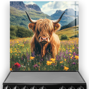 Highland cow standing in wildflower field with mountain background printed on glass splashback