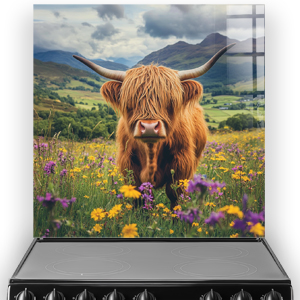 Highland cow standing in colourful Scottish meadow with floral backdrop