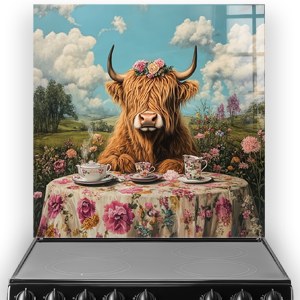 Highland cow tea party printed kitchen splashback with floral table and countryside background