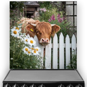 Highland cow peeking through white picket fence with garden flowers printed on glass