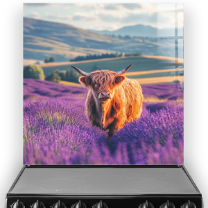 Highland Cows splashback with cow in lavender field and scenic hills