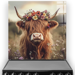 Highland Cows splashback with cow wearing flower crown in wildflower meadow