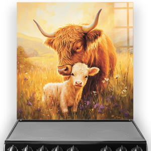 Highland cow mother and calf in a golden meadow printed splashback