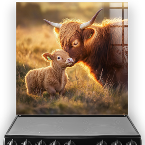 Highland Cows splashback with calf and parent in warm sunset field