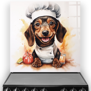 Cute Dachshund Chef splashback with food illustration in watercolour style