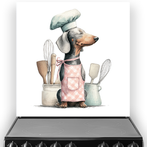 Watercolour dachshund chef wearing pink apron and green hat with kitchen utensils, printed splashback