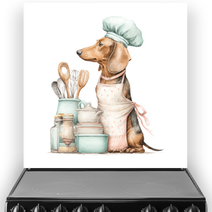 Watercolour Dachshund Chef splashback with pastel kitchen utensils and mint chef’s hat