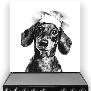 Black and white Monochrome Sausage Dog splashback with hand-drawn art style