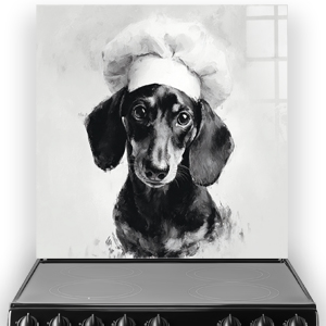 Black and white Dachshund Chef splashback art in watercolour style with chef hat