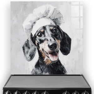 Black and tan dachshund in chef hat on Dougie splashback with painterly style