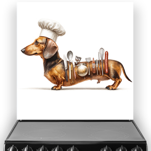 Sausage Dog splashback showing a dachshund in chef hat with utensils on white background
