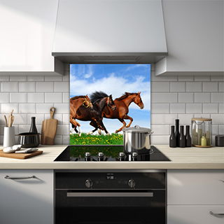 Three horses racing on green grass glass splashback. thumbnail