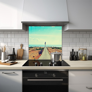 Path leading to a lighthouse with ocean view glass splashback. thumbnail