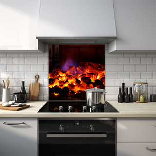 Close-up of warm coals glass splashback. thumbnail