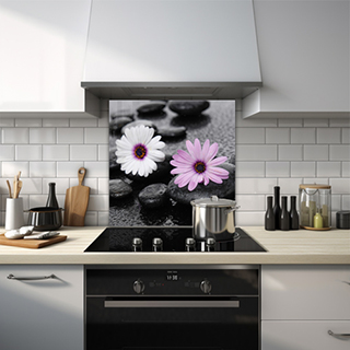 White and pink daisy with black pebbles glass splashback. thumbnail